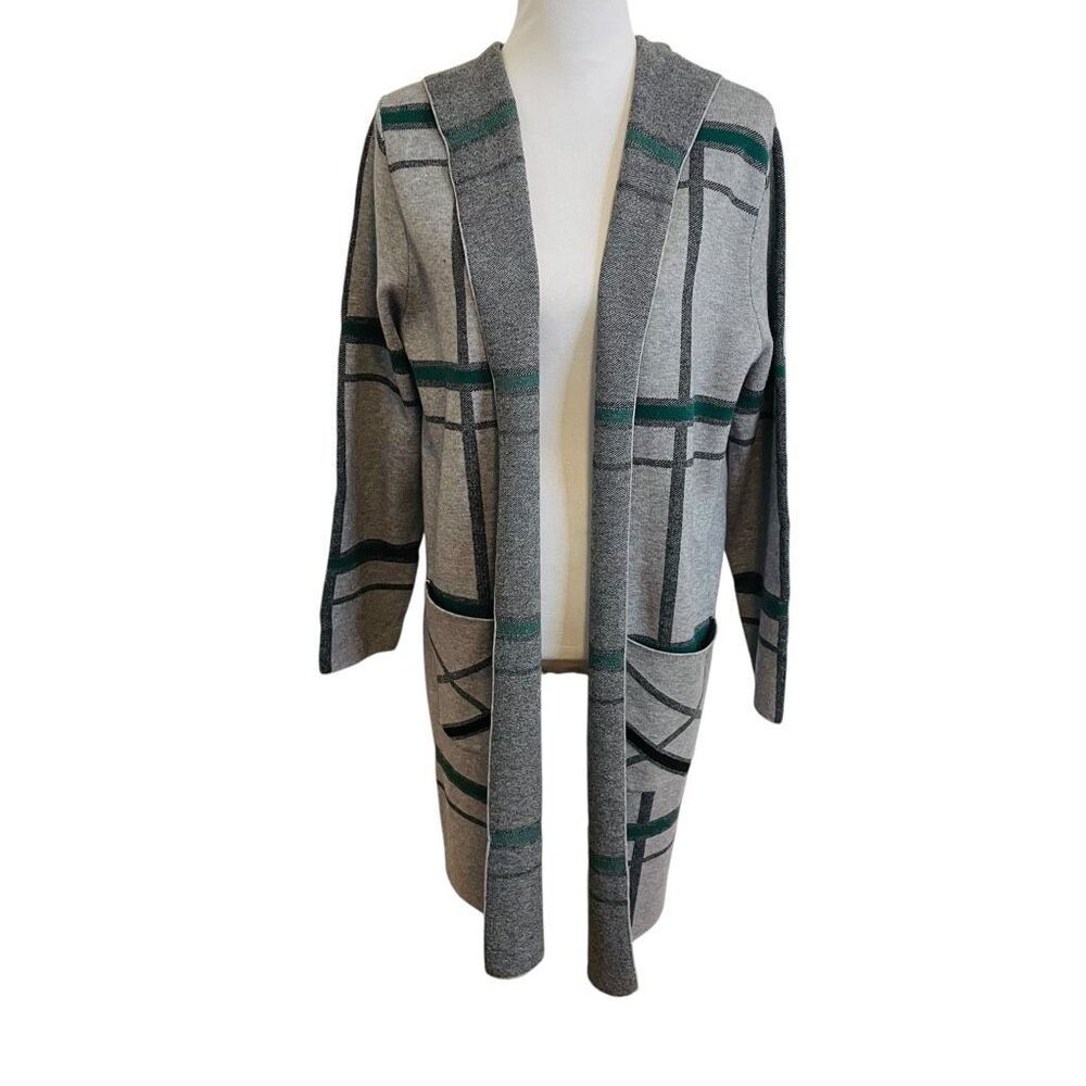 Anthropologie Oliver.O Open Front Hooded Cardigan Jacket Gray and Green Plaid Si